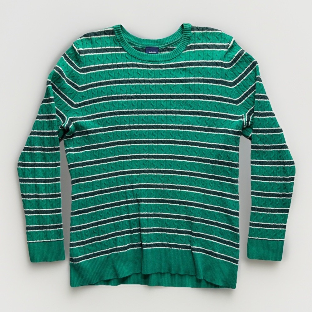 Basic Editions Women XL Long Sleeve Y2K Striped Cable Knit Sweater Preppy Green